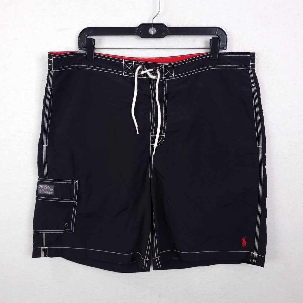 Polo Ralph Lauren Board Shorts Swim Trunk Mens XL Black Contrast Stitch Cargo